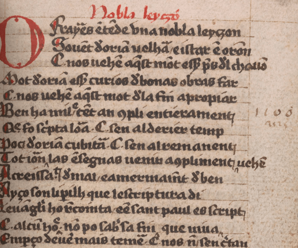Extrait du manuscrit de Dublin, Nobla Leyczon/Noble leçon